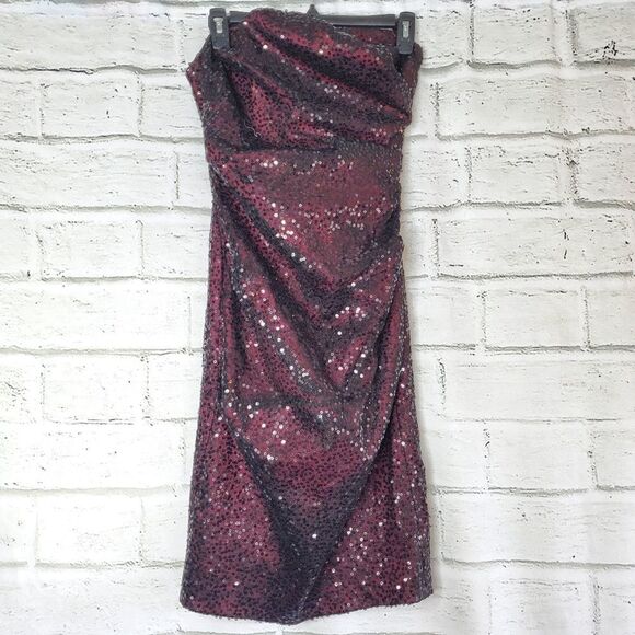 David Meister Cocktail Dress sequin strapless short Womens Size 4 black maroon